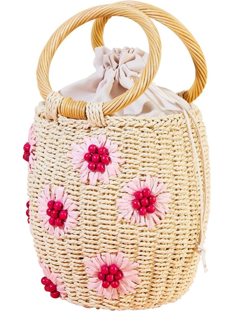 Chic Woven Straw Tote Bag With Flower Pearls & Diamonds - Summer Beach Essential